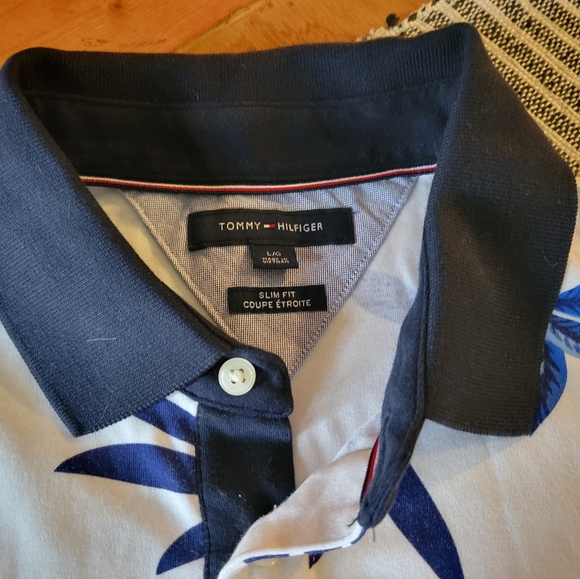 Tommy Hilfiger Slim Fit Coupe Etroite Blue/White Polo Size L - Picture 4 of 7